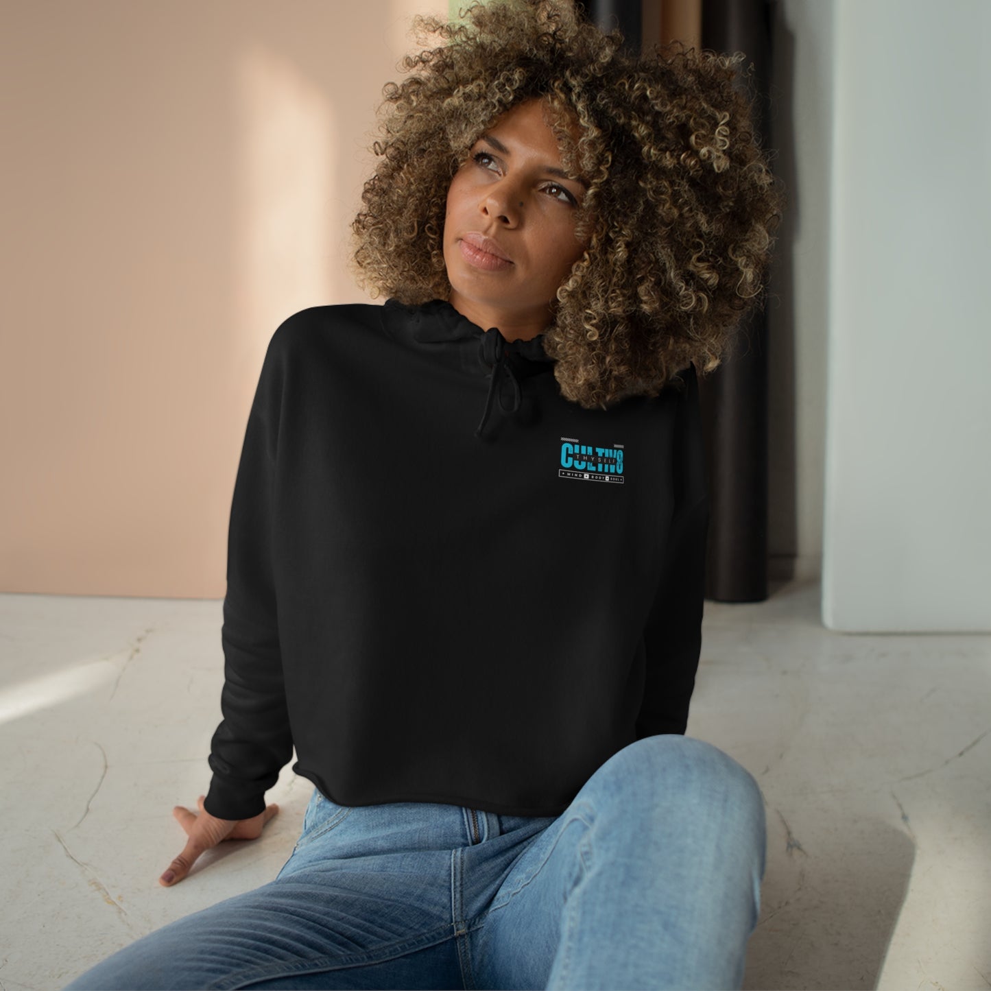 Empowerment Unleashed: Teal Bliss  Thyself Cropped Hoodie