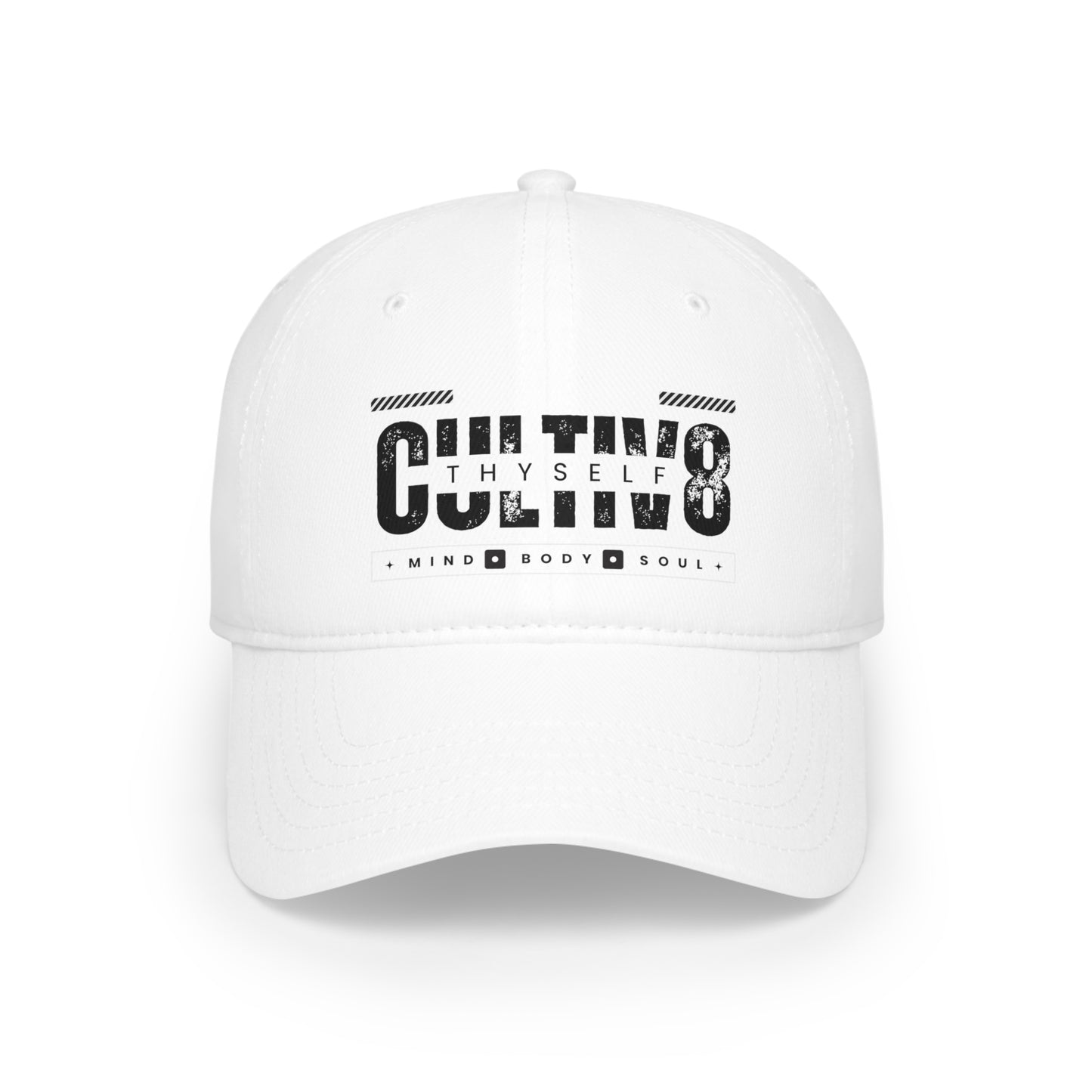 "Confidently Cultiv8d: Black & White Low Profile Hat" in Graphic Black and White