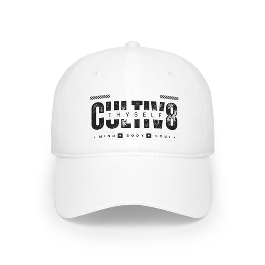 "Confidently Cultiv8d: Black & White Low Profile Hat" in Graphic Black and White