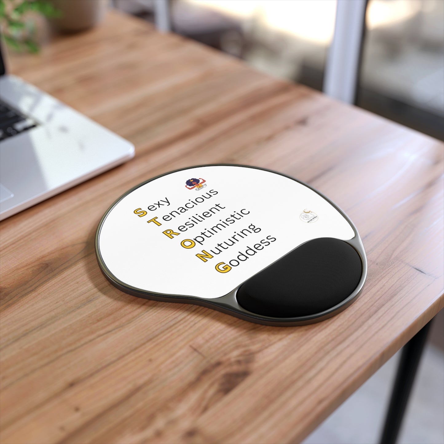 "Empowered Essence: Strong Queen Afro Mouse Pad for African-American Women" in Black & Gold (white background)