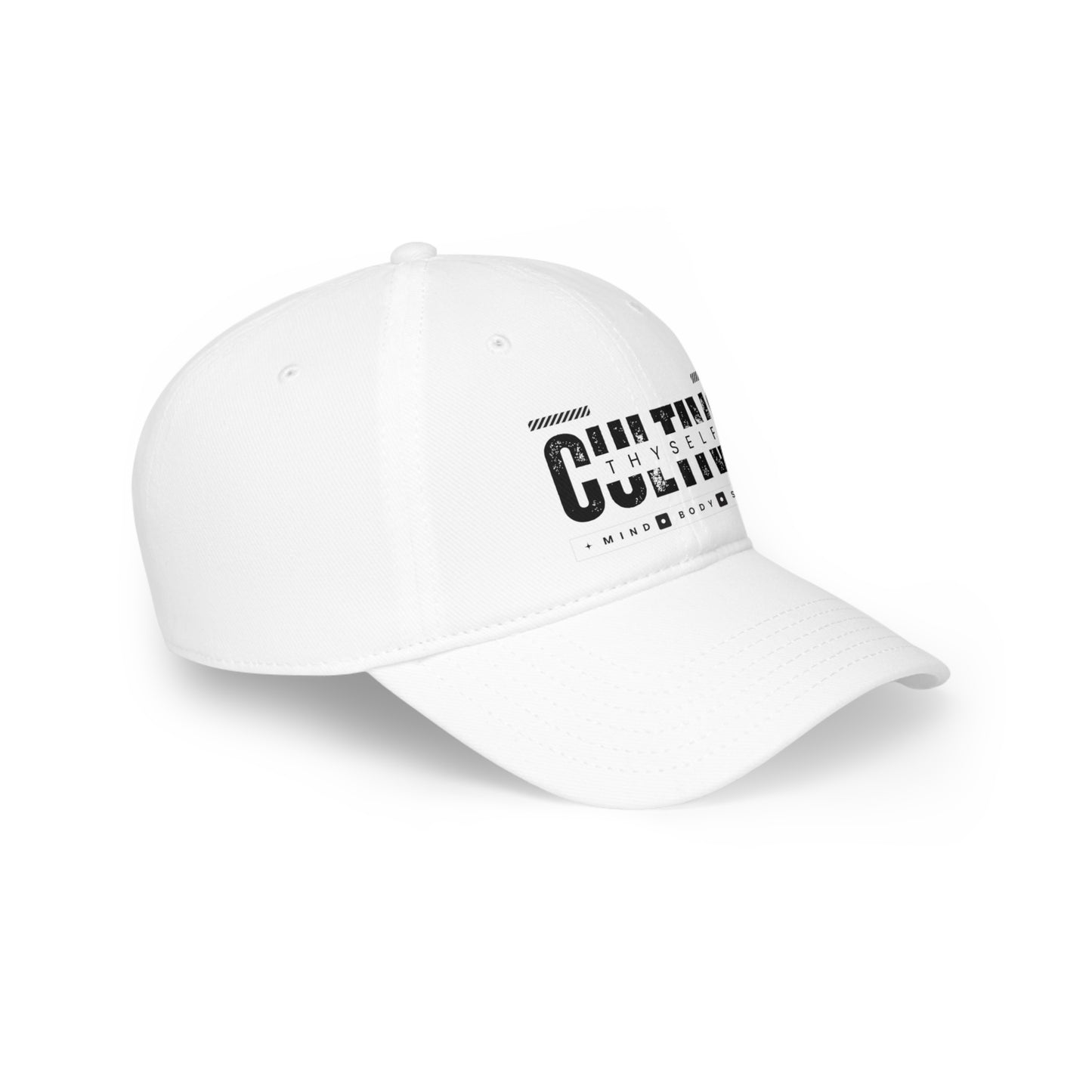 "Confidently Cultiv8d: Black & White Low Profile Hat" in Graphic Black and White