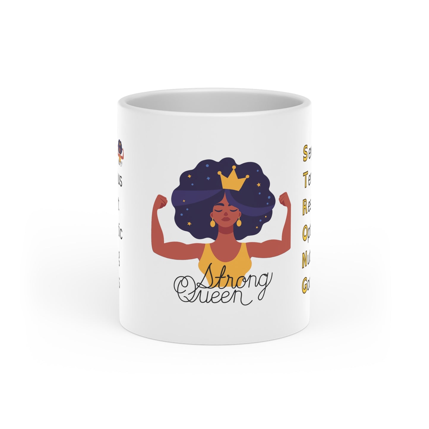 "Crowned and Confident: Strong Queen Afro Crown Heart Shaped Mug with Strength in Every Letter"