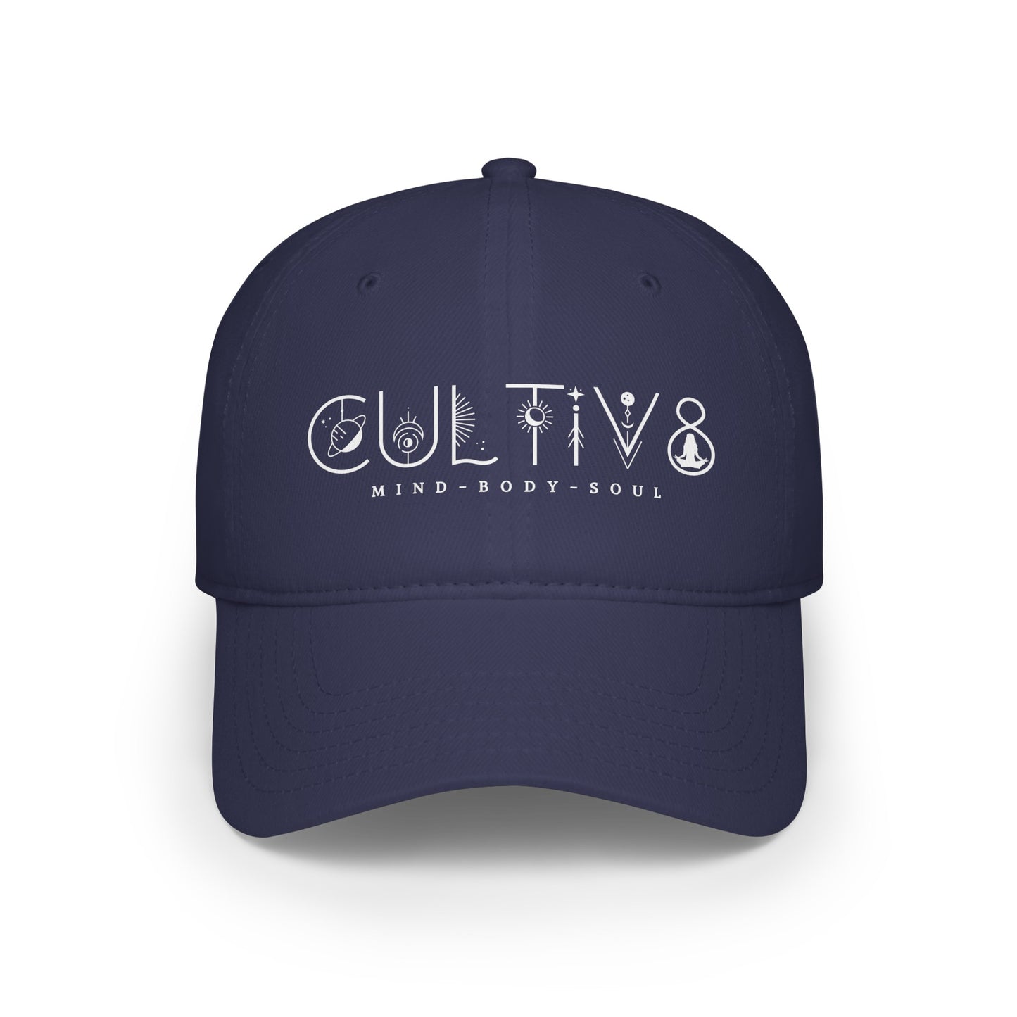 Hat: Celestial Font Cultiv8 Thyself Mind Body Soul (Need a Product Description and possible edit with stars in front of the C)