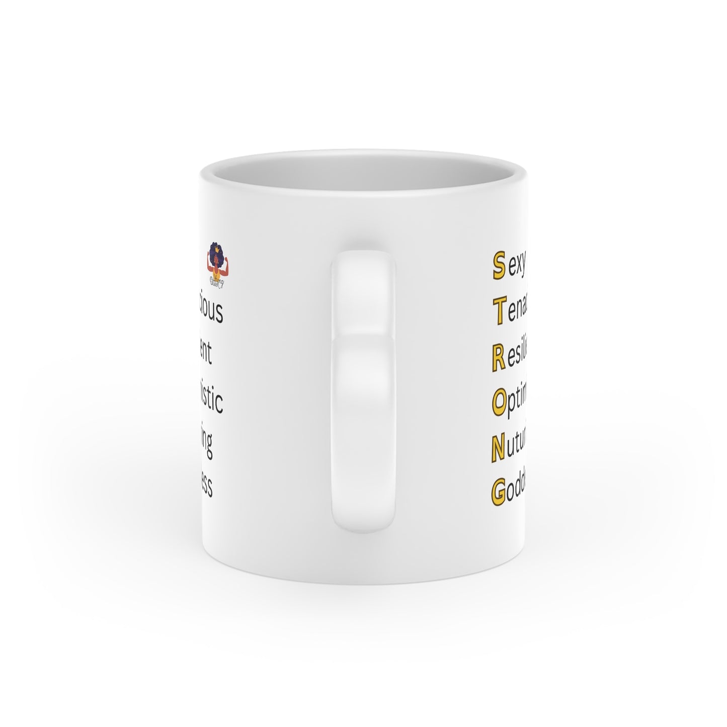 "Crowned and Confident: Strong Queen Afro Crown Heart Shaped Mug with Strength in Every Letter"