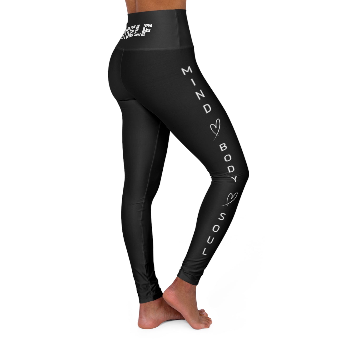 C8 Yoga Font_Mind Body Soul on side_High Waisted Yoga Leggings (AOP)