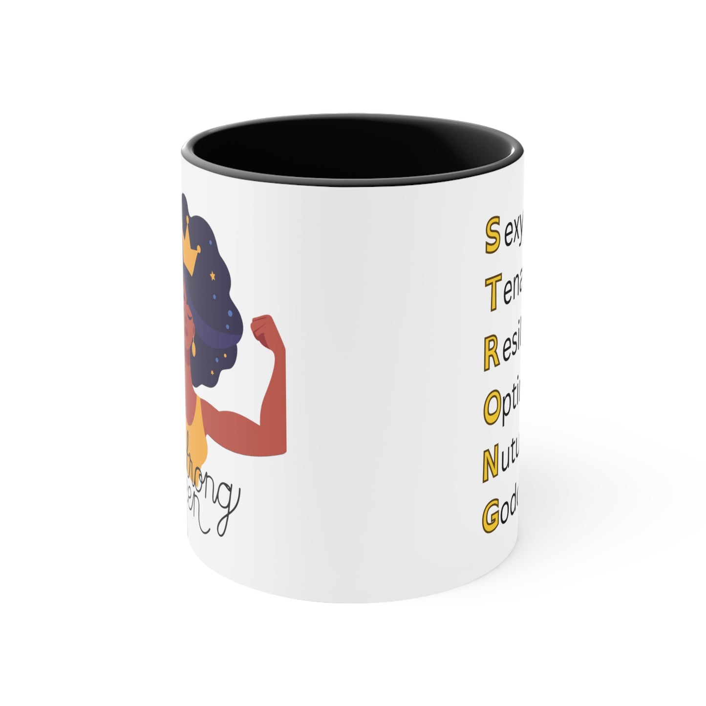 "Royal Brews: Strong Queen Afro Crown Mug with Acronym - Sip in Style and Power!"    (Accent Coffee Mug, 11oz)