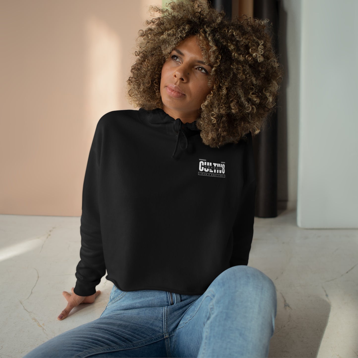 "Bold Statement, Cozy Comfort: Cultiv8 Thyself CROPPED Hoodie for Empowered Living"  in Graphic Black & White